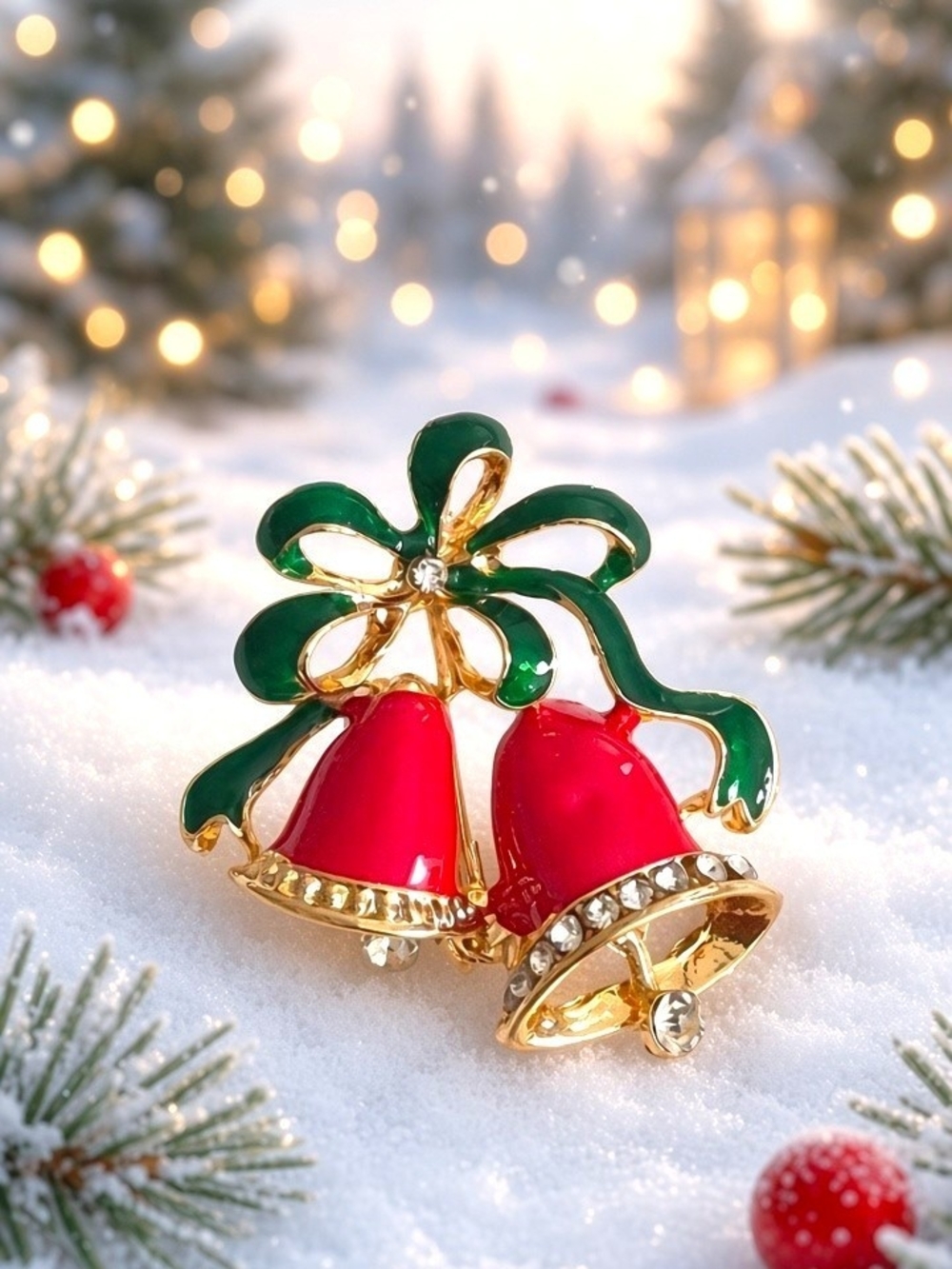 Red & Green Holiday Bell Brooch